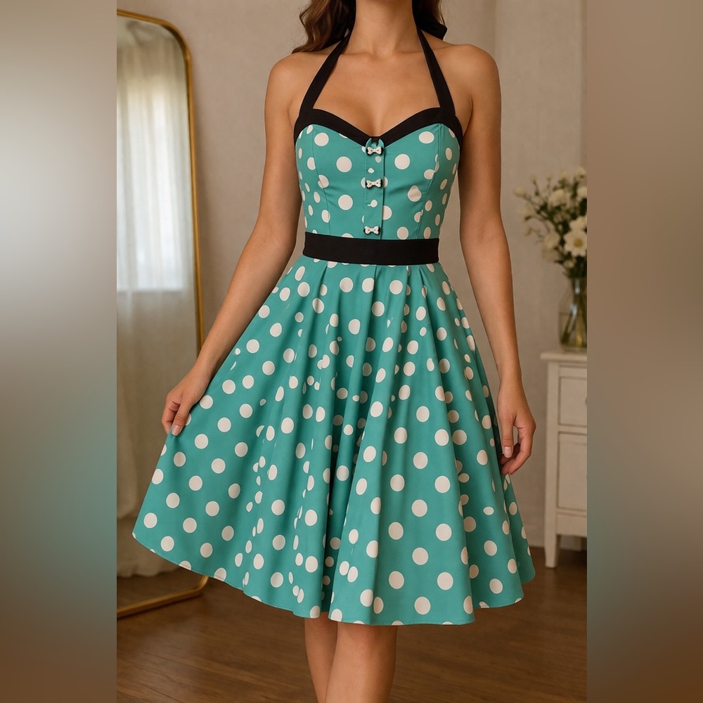 Lucky Brand Teal and White Polka Dot Strapless Fit & Flare Dress